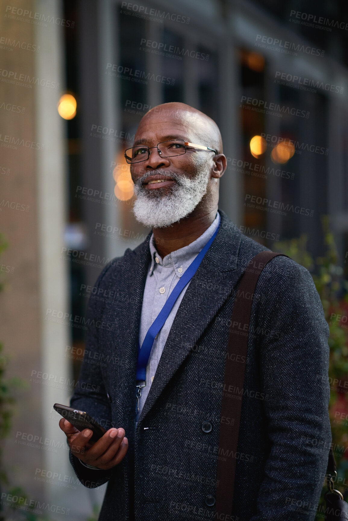 Buy stock photo Black man, business and thinking in town with phone for navigation, travel or vision for corporate conference. Mature person, work trip or convention with mobile app, online map or reflection in city