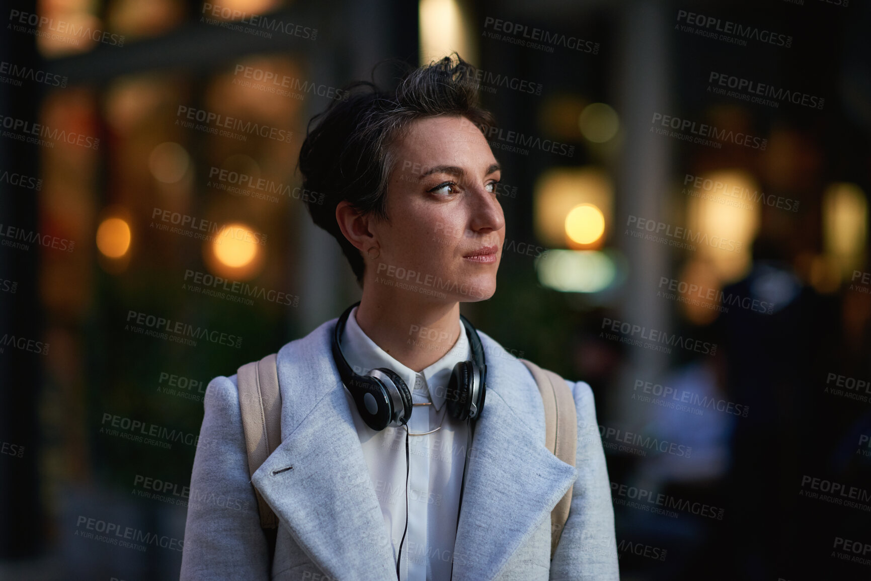 Buy stock photo Night, thinking and business woman in city with idea, brainstorming and career insights. Headphones, commute and person with solution for future, urban development and job opportunity in evening