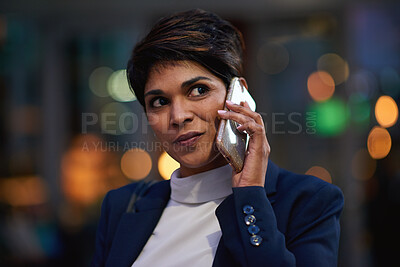 Buy stock photo Night, thinking or businesswoman with phone call in office, settlement negotiation or trial scheduling. Case planning, mobile or lawyer with extension request for hearing, bokeh or late legal advice