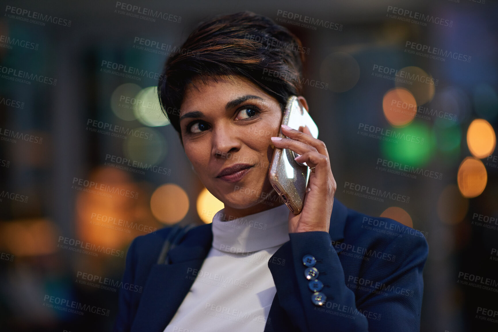 Buy stock photo Night, thinking or businesswoman with phone call in office, settlement negotiation or trial scheduling. Case planning, mobile or lawyer with extension request for hearing, bokeh or late legal advice