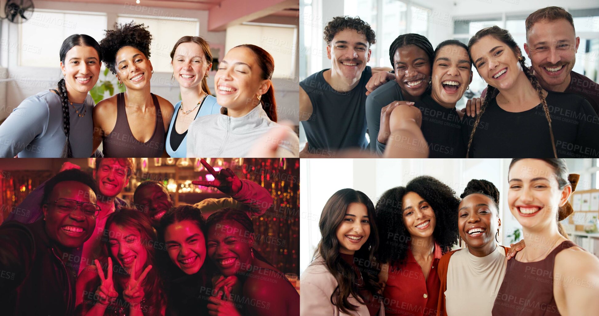 Buy stock photo Smile, friends and collage with selfie of people for diversity, social media and connection. Community, profile picture and photography with montage of men and women for gym nightclub and business