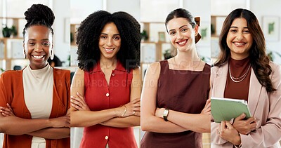 Buy stock photo Collage, portrait and business women in office for about us, creative agency or professional. Composite, smile and confident people or employees with arms crossed for b2b marketing and diversity