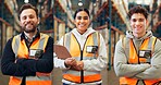 Collage, portrait and industry people in warehouse for about us, logistics or supply chain. Composite, smile and industrial employees with arms crossed for shipping, stock or distribution service