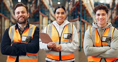 Buy stock photo Collage, portrait and industry people in warehouse for about us, logistics or supply chain. Composite, smile and industrial employees with arms crossed for shipping, stock or distribution service