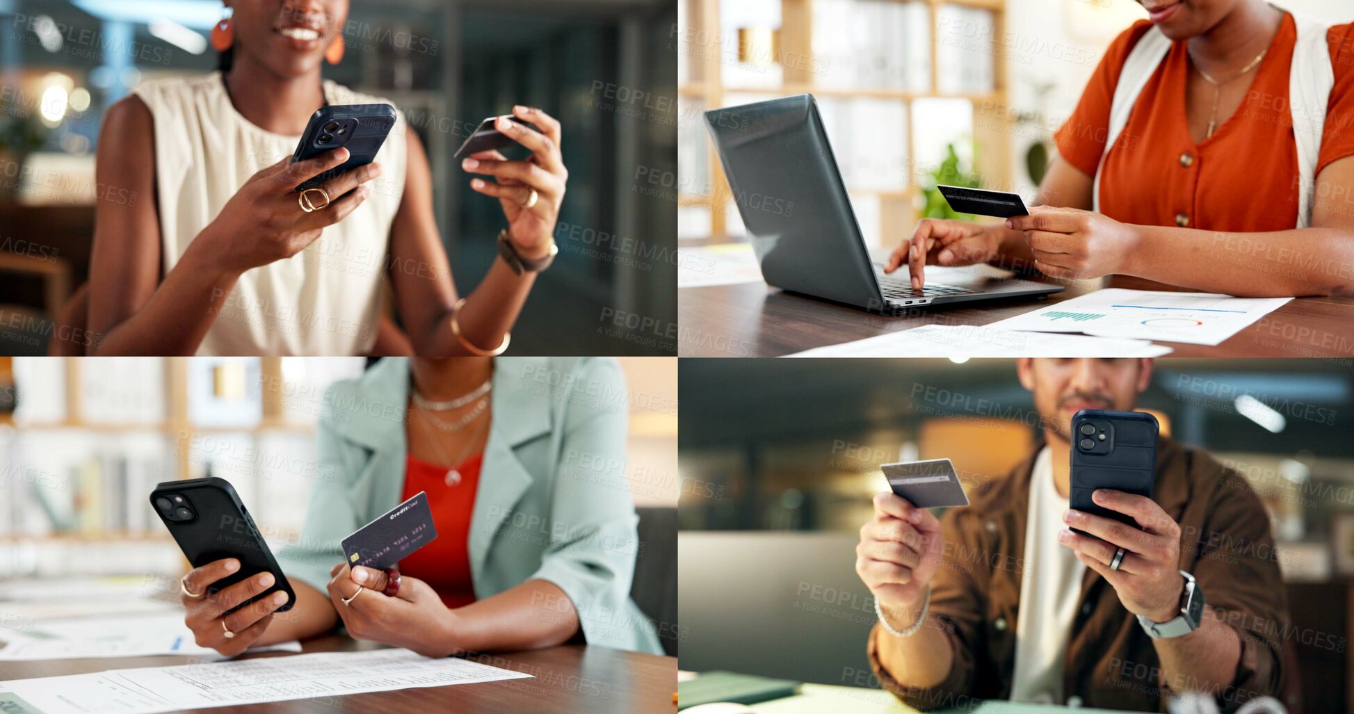 Buy stock photo Collage, hands and business people with phone and credit card for e commerce or online banking. Montage, fintech and professional employees on laptop or app for finance, payment or discount in office