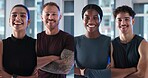 Fitness, collage or people with arms crossed in portrait for health, gym membership or about us. Montage, happy athletes or confidence at sports club for exercise community, personal trainer or pride
