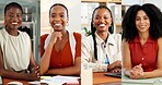 Portrait, collage and smile with business women in office for about us, professional and publishing agent. Confidence, partner and montage with group of African people in startup for consultant