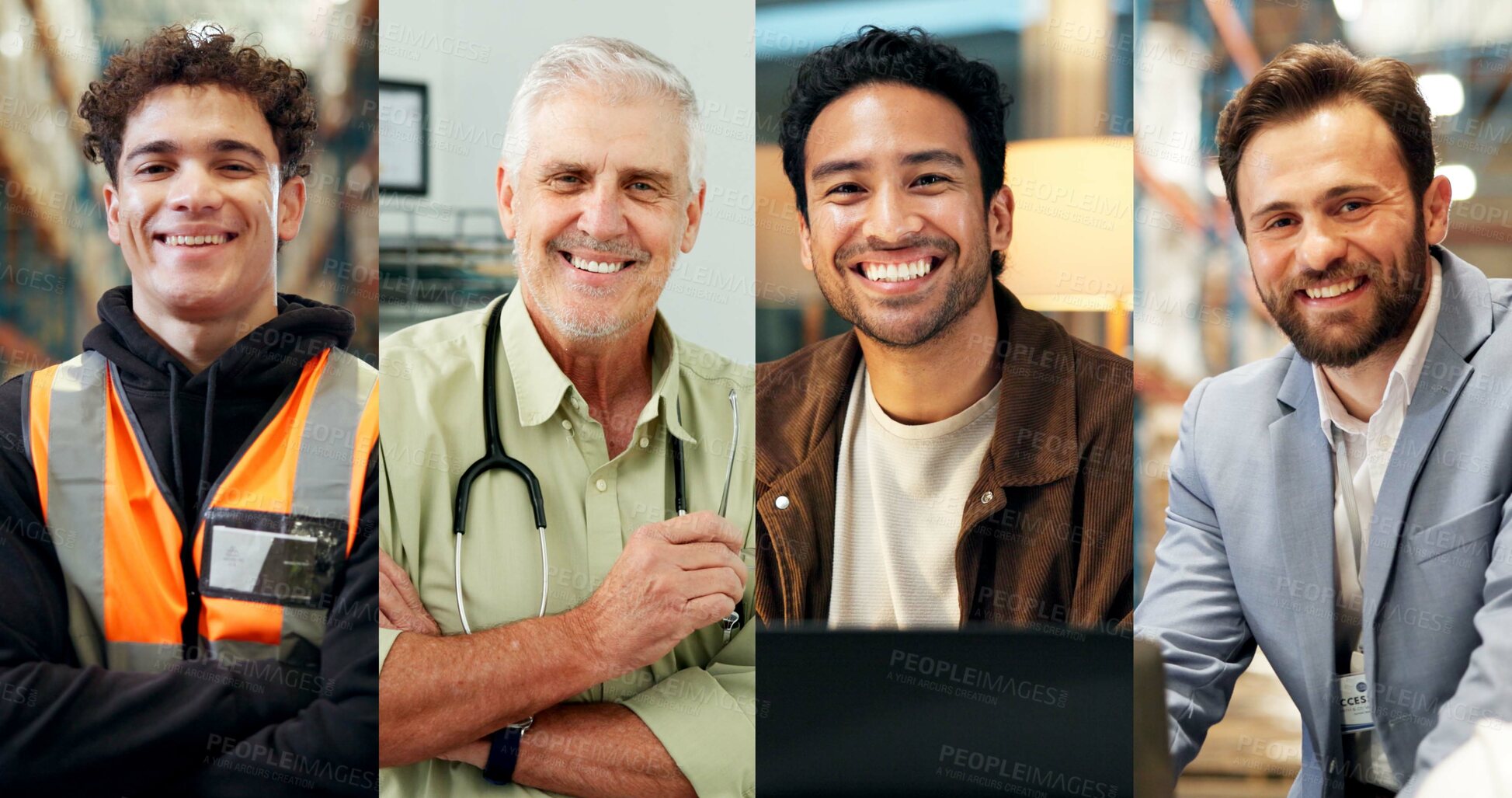 Buy stock photo Portrait, man and happy in collage for career choice, industry or expertise in workplace with a smile. People, diversity and professional with pride for growth, montage and business with confidence