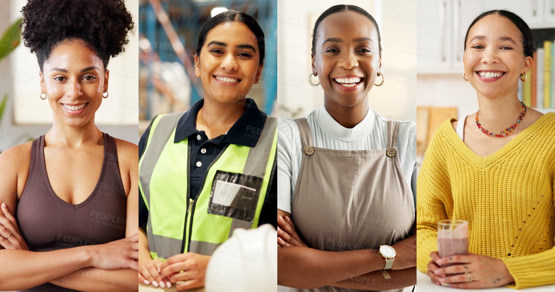 Buy stock photo Portrait, women and happy in collage for career choice, industry or expertise in workplace with a smile. People, diversity and professional with pride for growth, montage and business with confidence