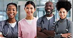 Happy, collage and portrait of doctors in hospital for medical support, wellness and insurance. Healthcare, diversity and people with pride for health service, career and smile for about us in clinic