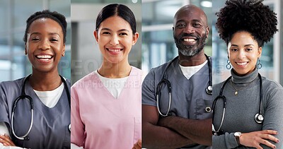 Buy stock photo Happy, collage and portrait of nurses in hospital for medical support, wellness and insurance. Healthcare, diversity and people with pride for health service, career and smile for about us in clinic