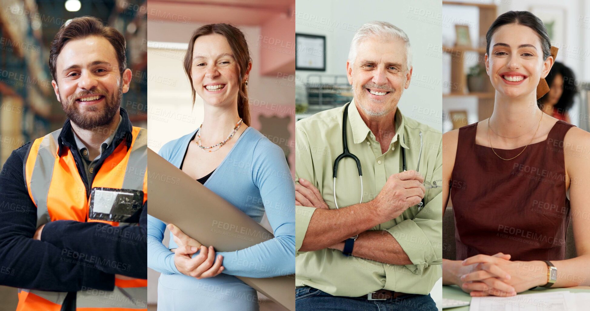 Buy stock photo Portrait, people and happy in collage for career choice, industry or expertise in workplace with a smile. Men, women and professional with pride for growth, montage and business with confidence
