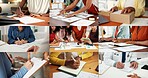 Logistics, collage and hands with paperwork, sign and doctor with prescription for health and notes. Montage, collaboration and people with documents for project, writing or administration in office