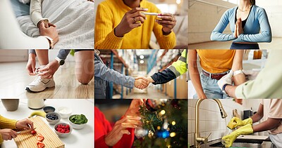 Buy stock photo Collage, hands and people for health, together and coordination with montage of touch. Fitness, handshake and cleaning with different interaction for life events, care and yoga pose for wellness
