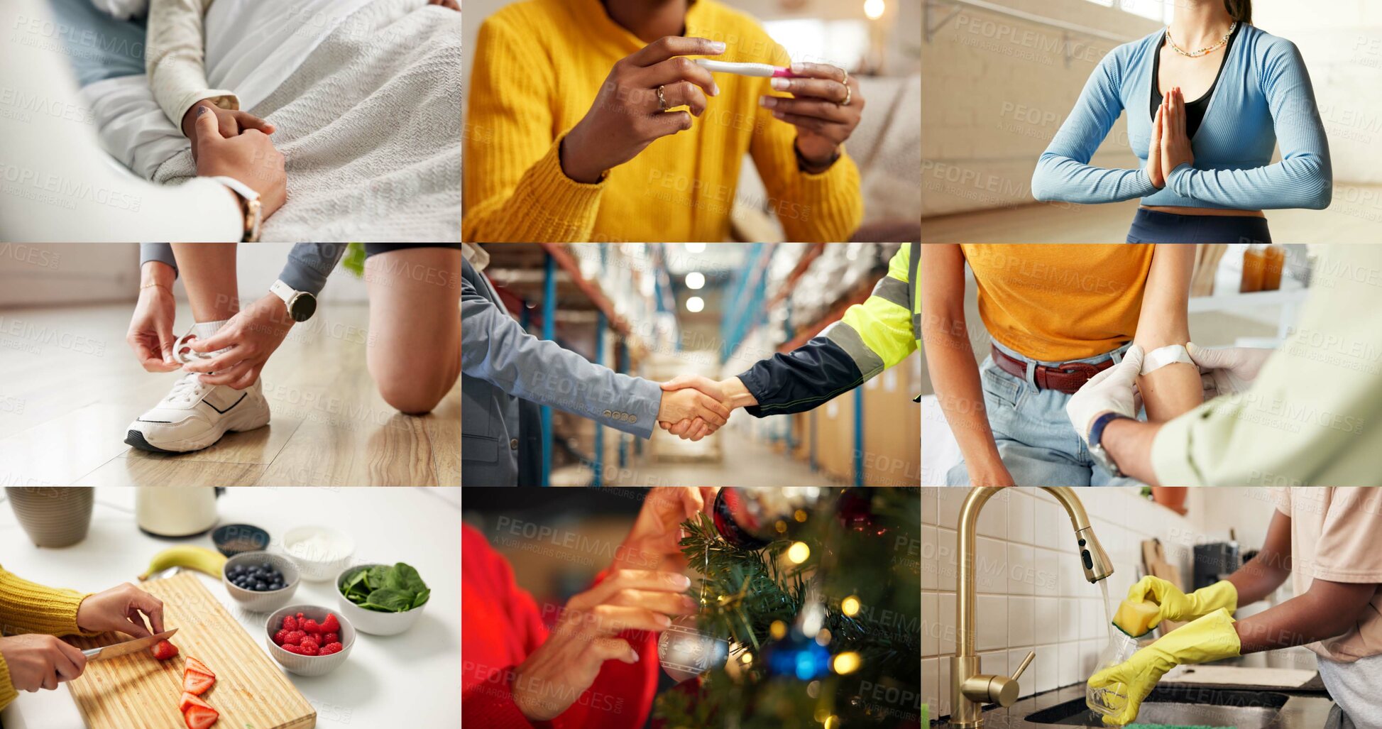 Buy stock photo Collage, hands and people for health, together and coordination with montage of touch. Fitness, handshake and cleaning with different interaction for life events, care and yoga pose for wellness