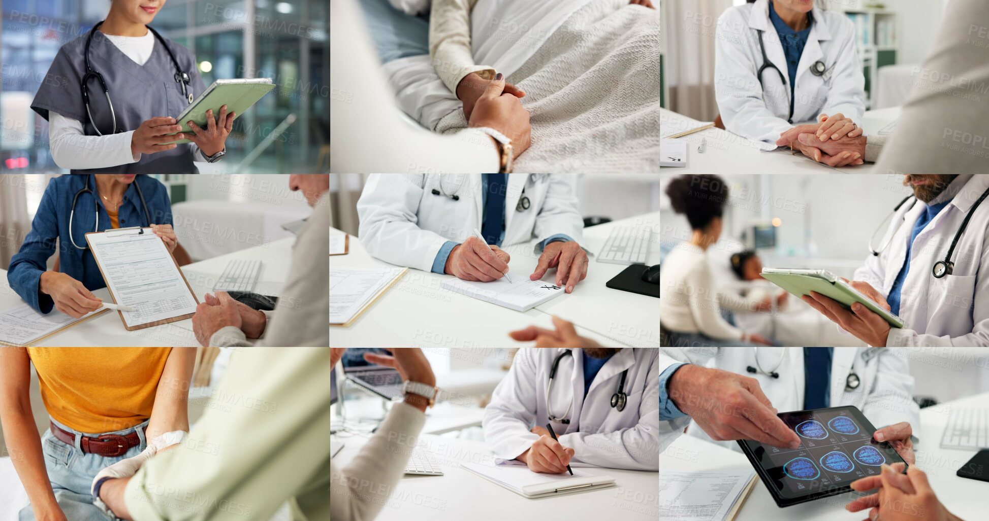 Buy stock photo Collage, hands and people for healthcare, medical service and helping with illness. Clinic, montage of doctor and nurse with tablet, support and patient checkup for trust, wellness or expert advice