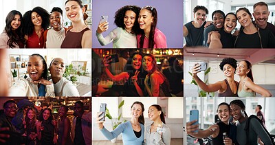 Buy stock photo Happy, group and selfie with friends, collage and picture with personal trainer or bonding with team. Fitness, portrait and people with smile on break, photo and memory with community and montage