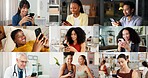 Montage, happy and people with phone on internet for medical service, business and yoga class. Collage, diversity and men with women on cellphone for social media, contact and website for daily user