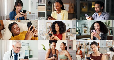 Buy stock photo Montage, happy and people with phone on internet for medical service, business and yoga class. Collage, diversity and men with women on cellphone for social media, contact and website for daily user