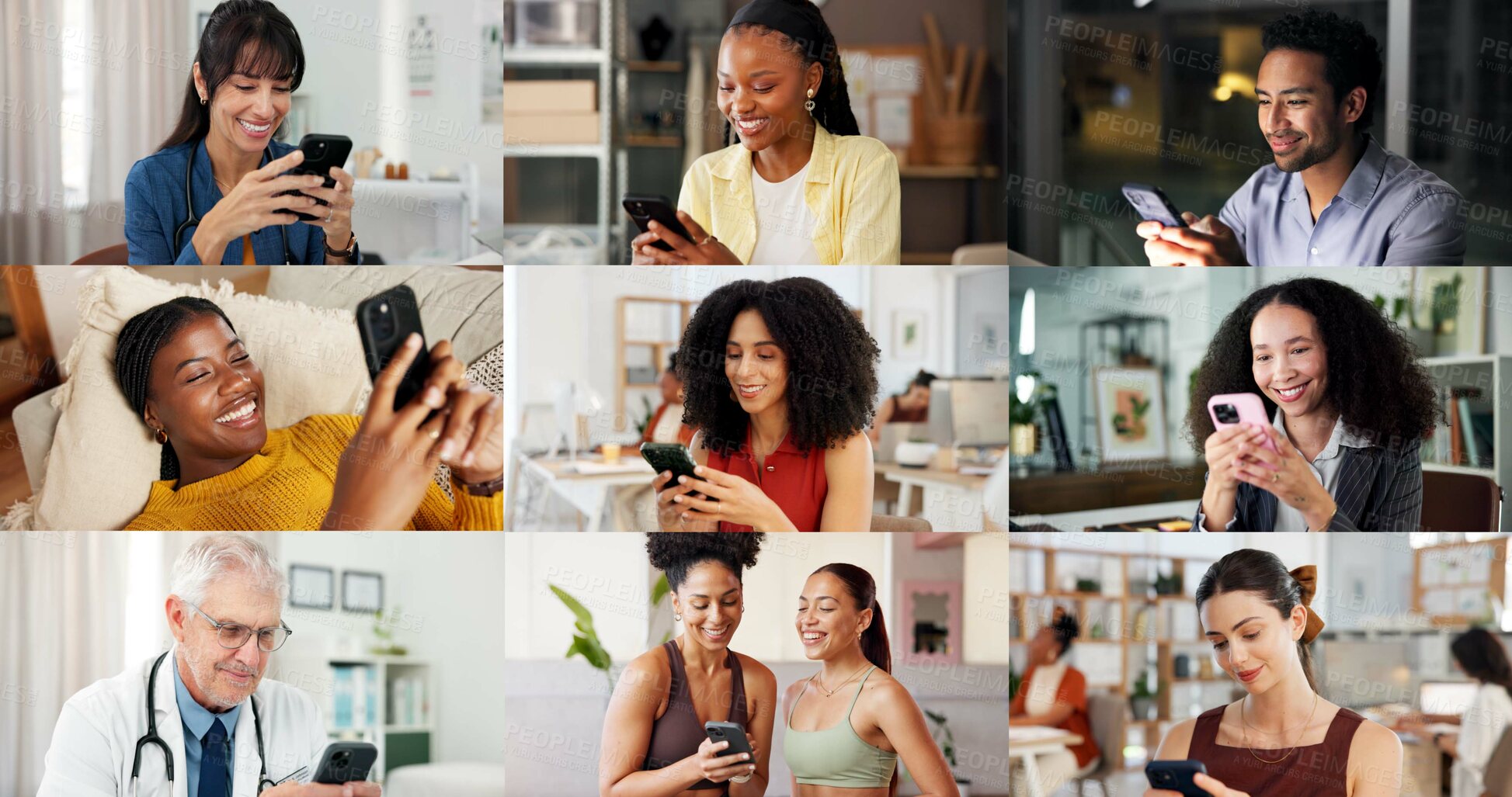 Buy stock photo Montage, happy and people with phone on internet for medical service, business and yoga class. Collage, diversity and men with women on cellphone for social media, contact and website for daily user