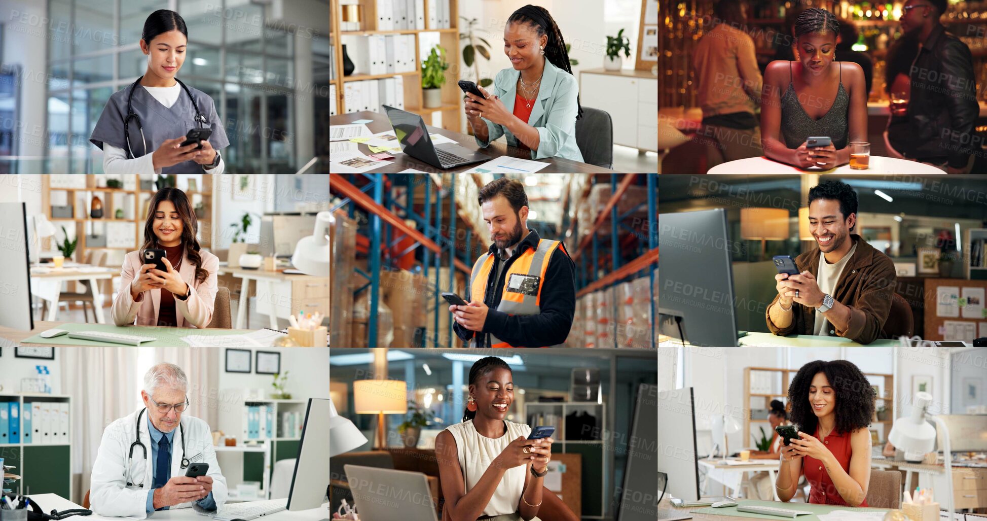 Buy stock photo Collage, diversity and people with phone on internet for medical service, business or social media. Montage, typing and men with women on cellphone for website, contact or professional as daily users
