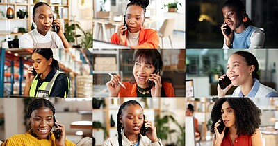 Buy stock photo Phone call, communication and women with smile, collage and conversation with contact or connection. Chat, montage and discussion with mobile in office, network or happy people with tech for feedback