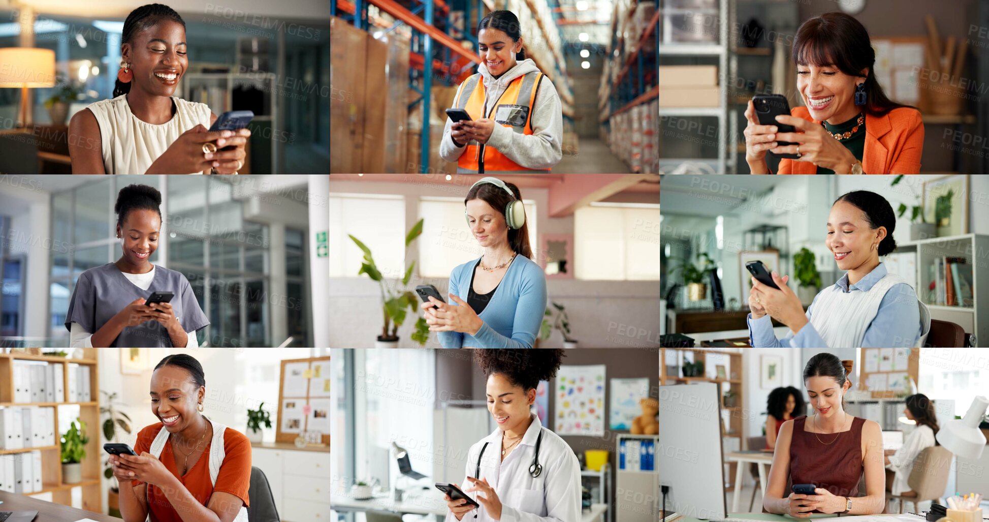 Buy stock photo Collage, typing and women with phone on internet for medical service, business and office work. Montage, happy and people on cellphone for social media, communication and website for daily routine