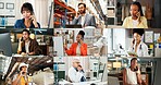 Logistics, collage and group in office, phone call and doctor with medical diagnosis and discussion. Montage, communication and people with mobile for conversation, health and supply chain in factory