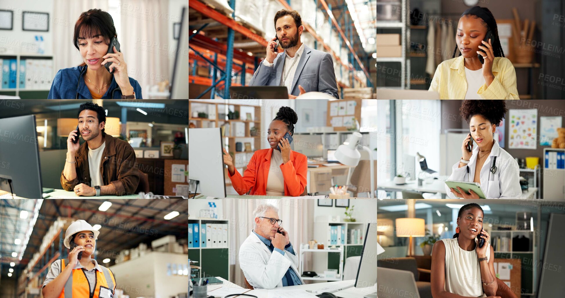 Buy stock photo Phone call, communication and group in office, collage and conversation with contact and connection. Chat, montage and talk with mobile in business, network and happy people with tech for discussion