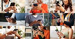 Collage, internet and hands of people with phone for business, fitness class and contact in office. Montage, diversity and men with women on cellphone for social media, communication and website