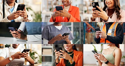 Buy stock photo Collage, internet and hands of people with phone for business, fitness class and contact in office. Montage, diversity and men with women on cellphone for social media, communication and website