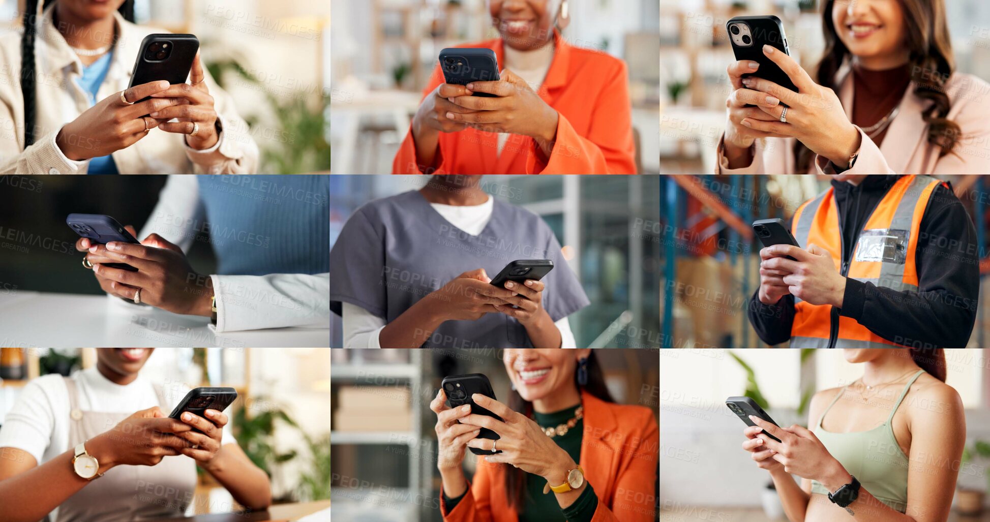 Buy stock photo Collage, internet and hands of people with phone for business, fitness class and contact in office. Montage, diversity and men with women on cellphone for social media, communication and website