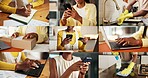 Group, collage and hands with phone, texting and typing financial report on laptop or cleaning house. Montage, housekeeping and people with box for supply chain, writing or online shopping in office