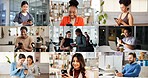Montage, diversity and people with phone on internet with app for medical career, business and fitness. Collage, happy and men with women on cellphone for social media, communication and website