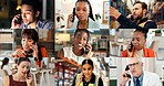 Happy, collage and group in business, phone call and doctor with medical diagnosis and communication. Montage, discussion and people with mobile for conversation, health and supply chain in factory