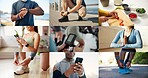 Collage, hands and people for fitness, health and wellness with getting ready and phone. Exercise, healthy food or yoga and athlete with tech or app for workout progress, diet and cardio tracker