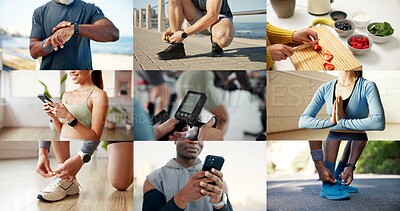 Buy stock photo Collage, hands and people for fitness, health and wellness with getting ready and phone. Exercise, healthy food or yoga and athlete with tech or app for workout progress, diet and cardio tracker