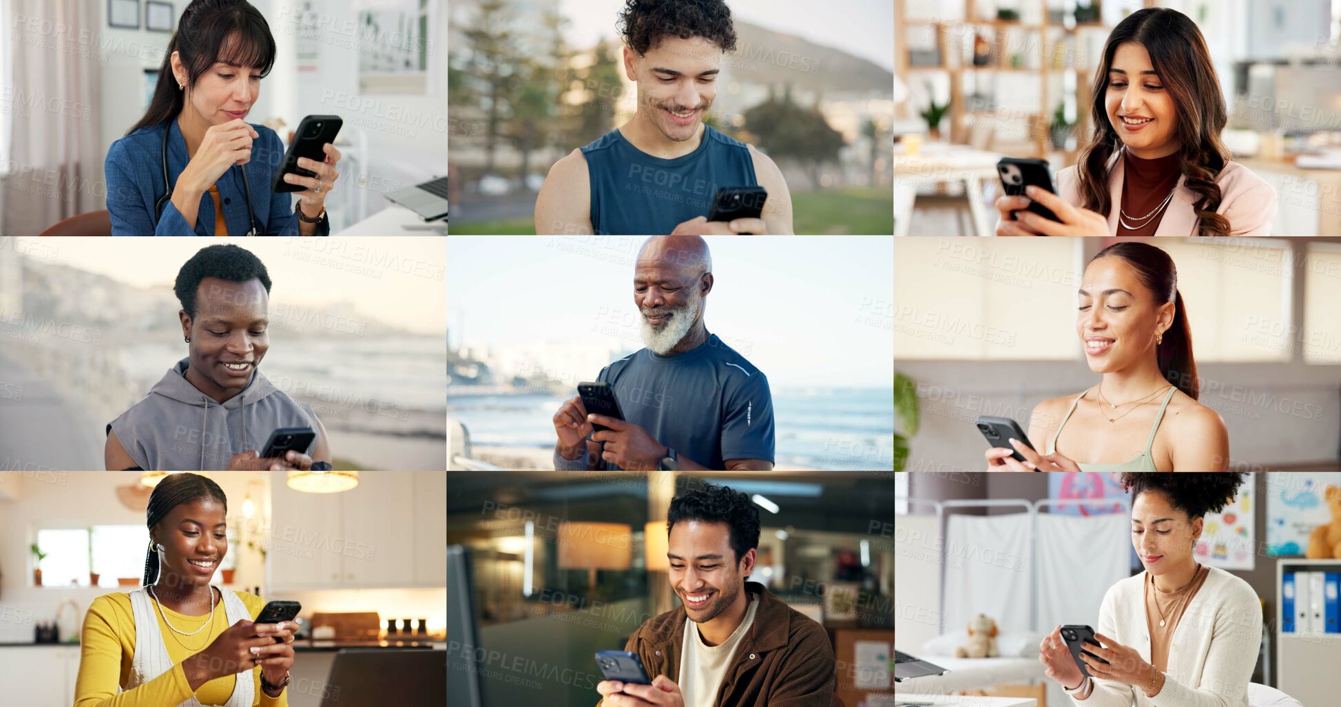 Buy stock photo Montage, diversity and people with phone online with app for fitness, business and medical career. Collage, typing and men with women on cellphone for communication, social media and internet users