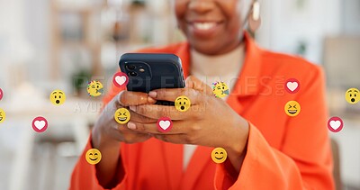 Buy stock photo Hands, phone and woman with emojis in office for like, reaction and post on social media. Mobile, typing and marketer person with overlay icons for online engagement, comments and chat notification