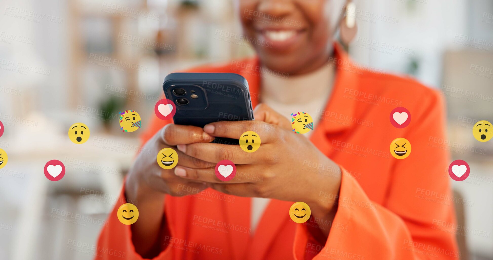 Buy stock photo Hands, phone and woman with emojis in office for like, reaction and post on social media. Mobile, typing and marketer person with overlay icons for online engagement, comments and chat notification