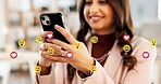 Hands, mobile and business woman with emojis in office for like, heart or reaction on social media. Happy, icon and marketer or person with phone app for online engagement, connection or notification