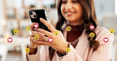 Buy stock photo Hands, mobile and business woman with emojis in office for like, heart or reaction on social media. Happy, icon and marketer or person with phone app for online engagement, connection or notification