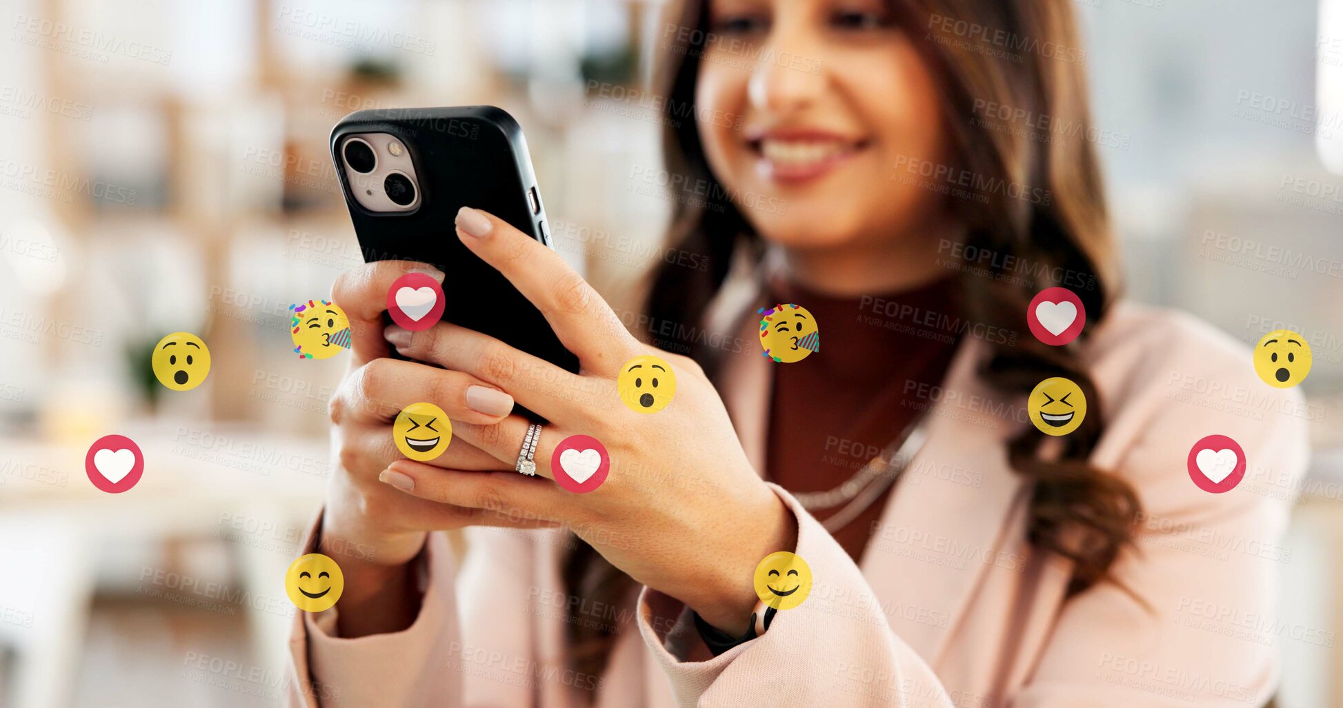Buy stock photo Hands, mobile and business woman with emojis in office for like, heart or reaction on social media. Happy, icon and marketer or person with phone app for online engagement, connection or notification