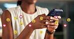 Hands, phone and business person with emojis for like, heart and reaction on social media. Typing, icon overlay and marketer with mobile app for online engagement, communication or chat notification