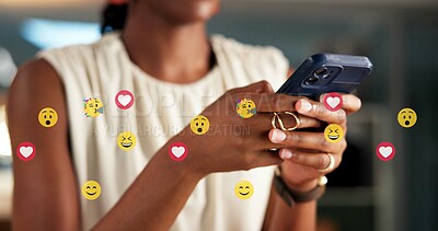 Buy stock photo Hands, phone and business person with emojis for like, heart and reaction on social media. Typing, icon overlay and marketer with mobile app for online engagement, communication or chat notification