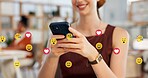 Hands, phone and happy woman with emojis for reaction, heart and like on social media in office. Typing, icon overlay and marketer with mobile app for online engagement, communication or notification