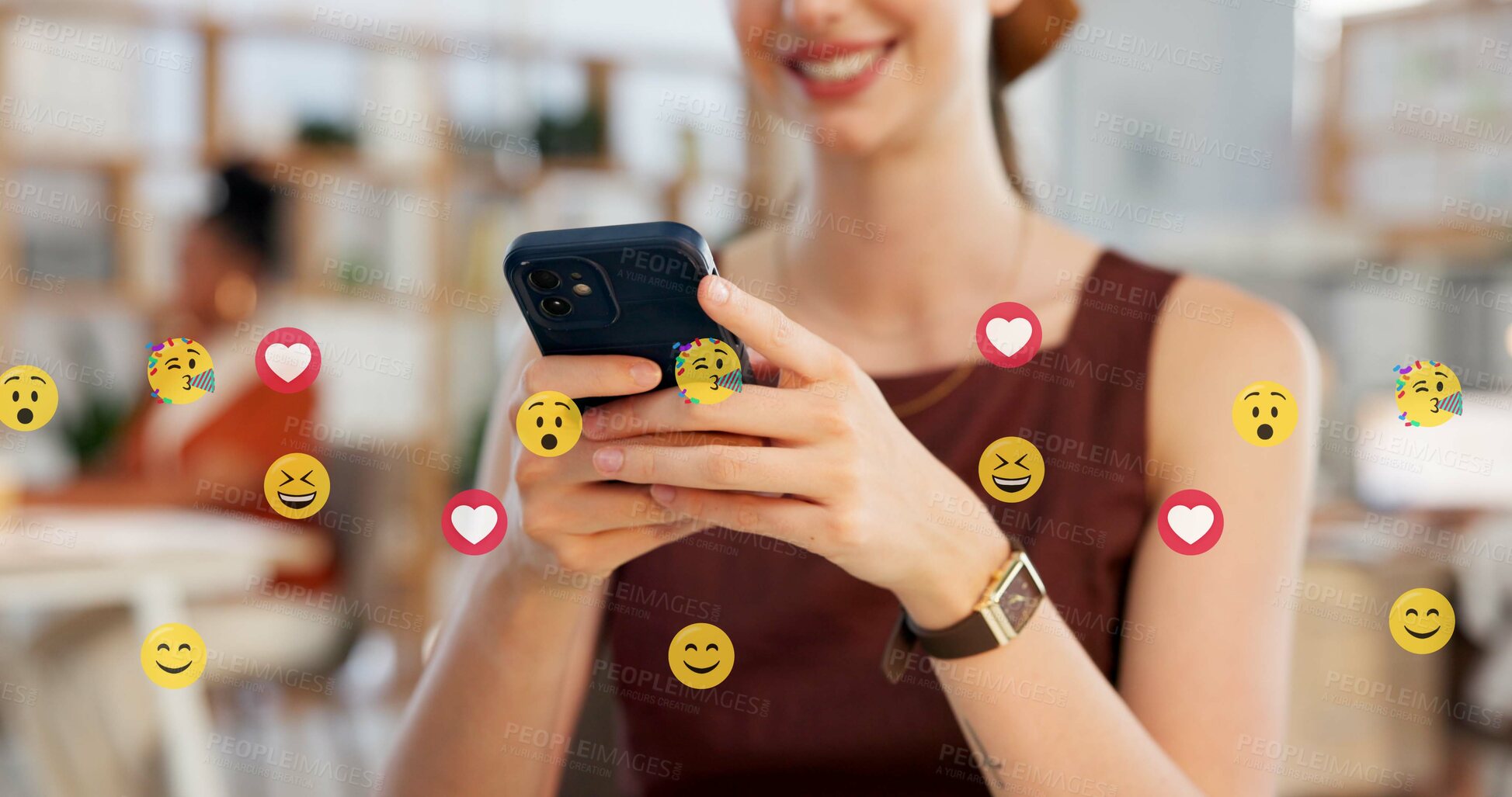 Buy stock photo Hands, phone and happy woman with emojis for reaction, heart and like on social media in office. Typing, icon overlay and marketer with mobile app for online engagement, communication or notification