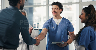 Buy stock photo Medical, clap or people in clinic with handshake, promotion or introduction for clinical collaboration. Happy, applause or doctors with shaking hands, achievement or welcome in healthcare partnership