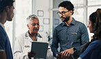 Medical, meeting or team in hospital with tablet, group insight or patient review for treatment plan. Healthcare, people or doctors with tech, collaboration or director feedback in post surgery.