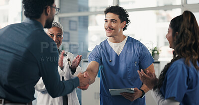 Buy stock photo Medical, clap or people in hospital with handshake, promotion or introduction for clinical collaboration. Happy, tech or doctors with applause, achievement or team welcome in healthcare partnership.